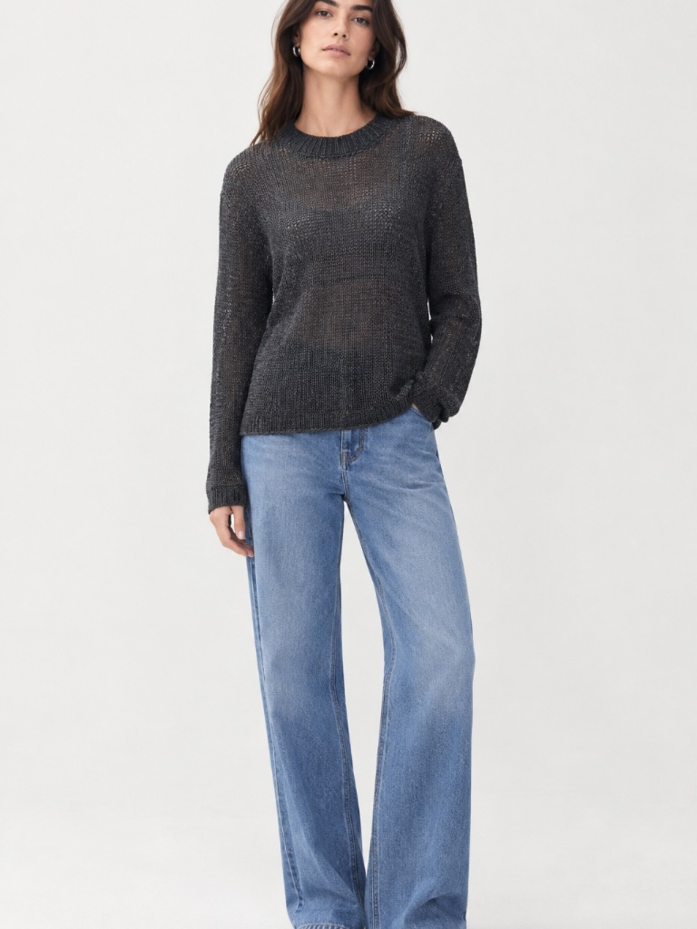 ZARA Chunky Open Knit Sweater Long Sleeve Textured Black sz S